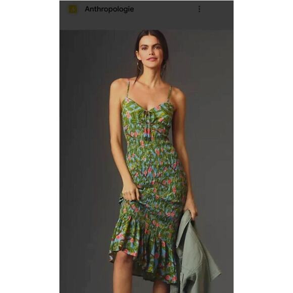 Farm Rio x Anthropologie Ruched Tie-Front Midi Dress Medium - Picture 1 of 16